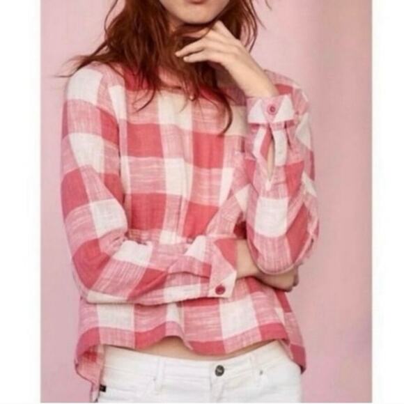 Cloth and Stone x Anthropologie Pink White Check Linen Blend Shirt Small - Picture 3 of 8